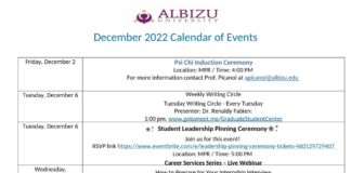DECEMBER 2022 CALENDAR OF EVENTS
